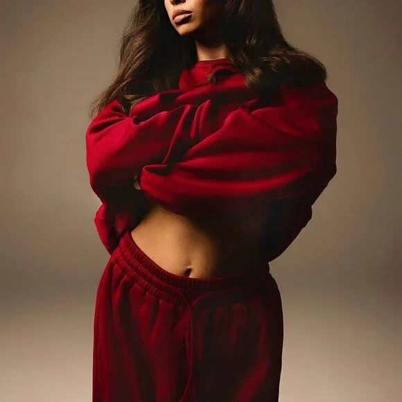 Burgundy Casual Women's Crew Neck Long Sleeve Top & Drawstring Pants Sports Set - Picture 2 of 7